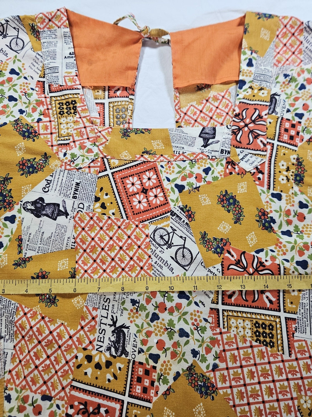 Women's 70s Patchwork Newspaper Print Tunic Top Apron Jacket in Mustard & Orange - Picture 10 of 14